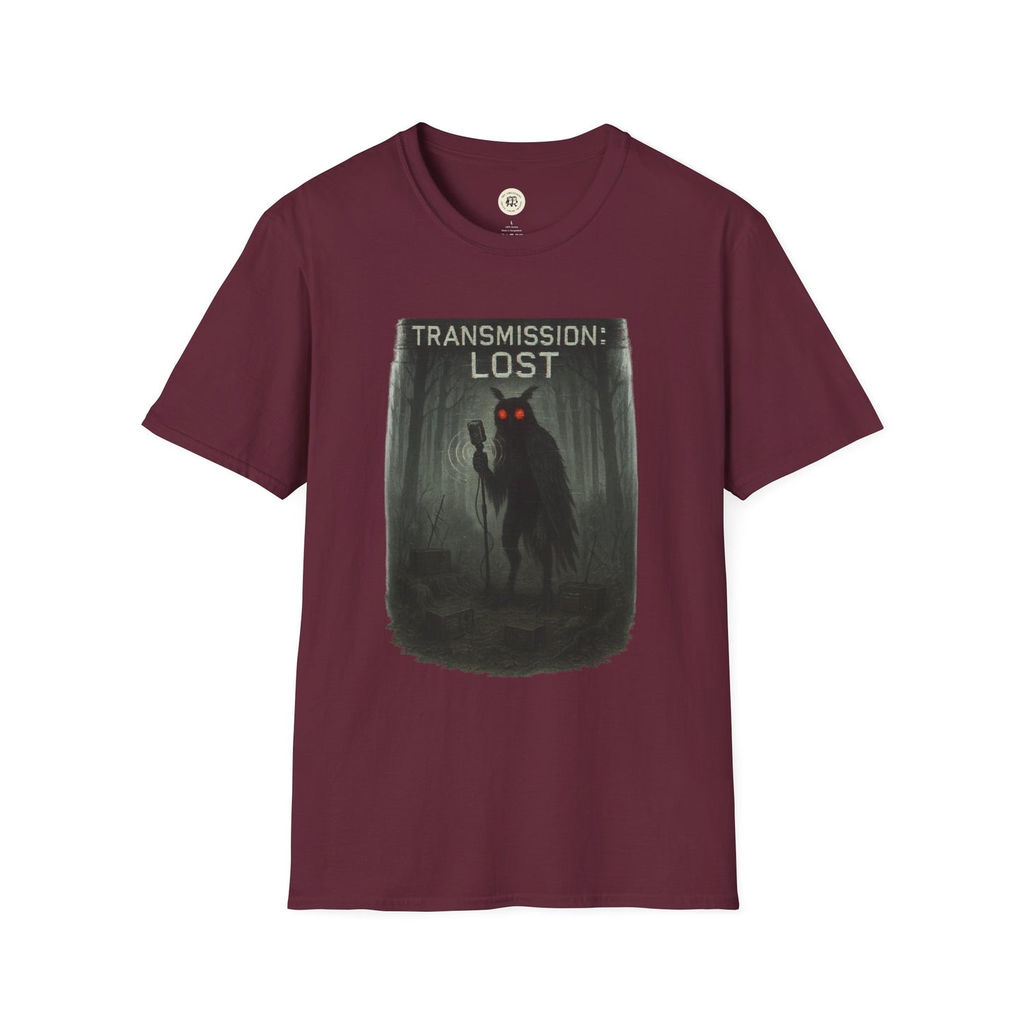 Mysterious lost transmission t-shirt with dark forest and glowing red-eyed creature design