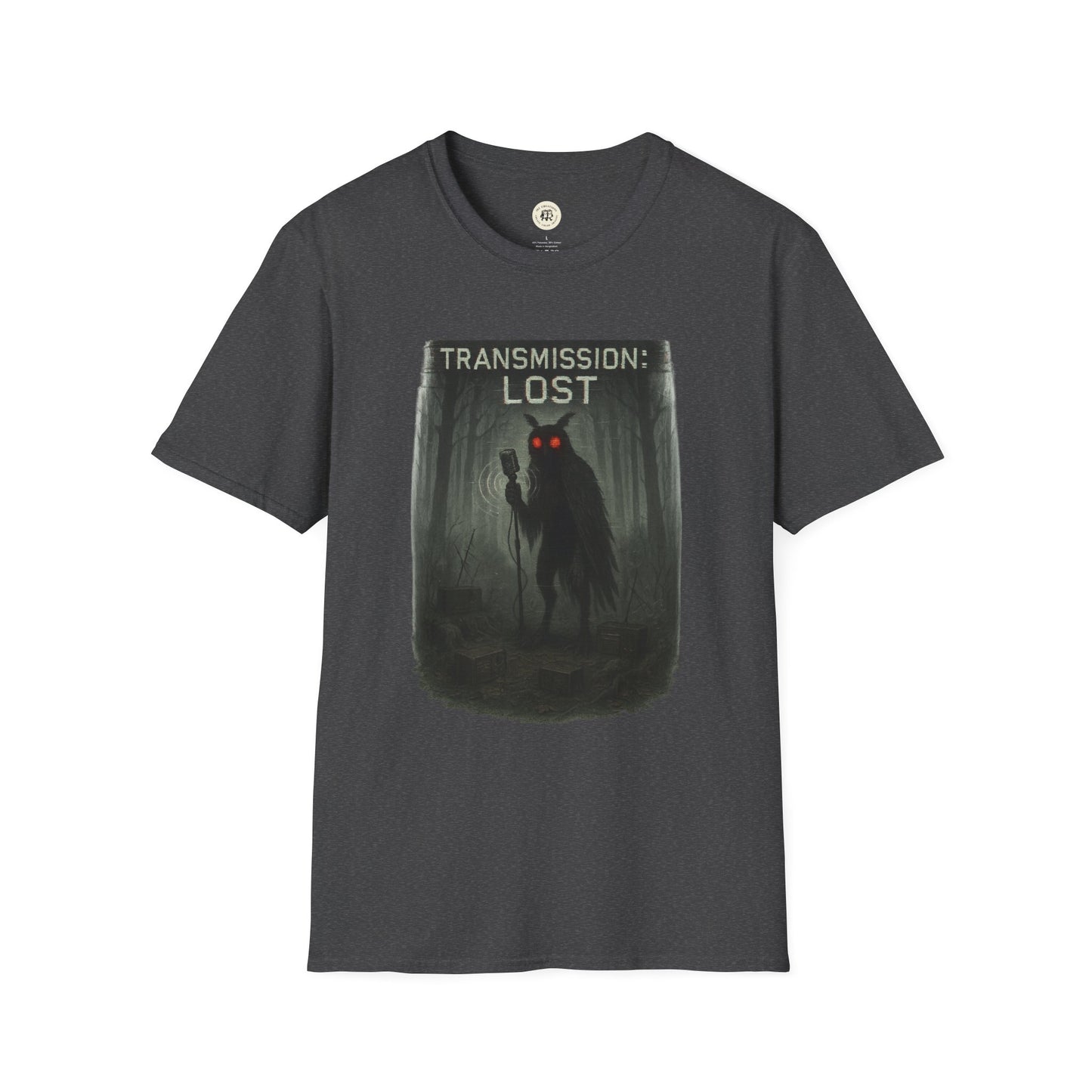Printify mysterious lost transmission t-shirt with dark forest and glowing red eyes design