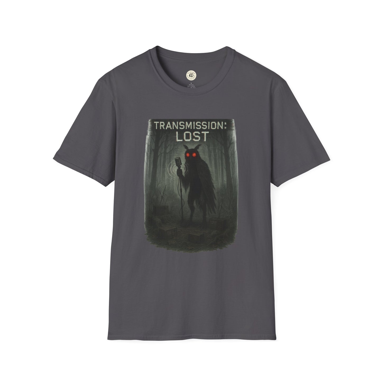 Mysterious lost transmission t-shirt with dark forest and glowing red eyes design on gray Printify tee