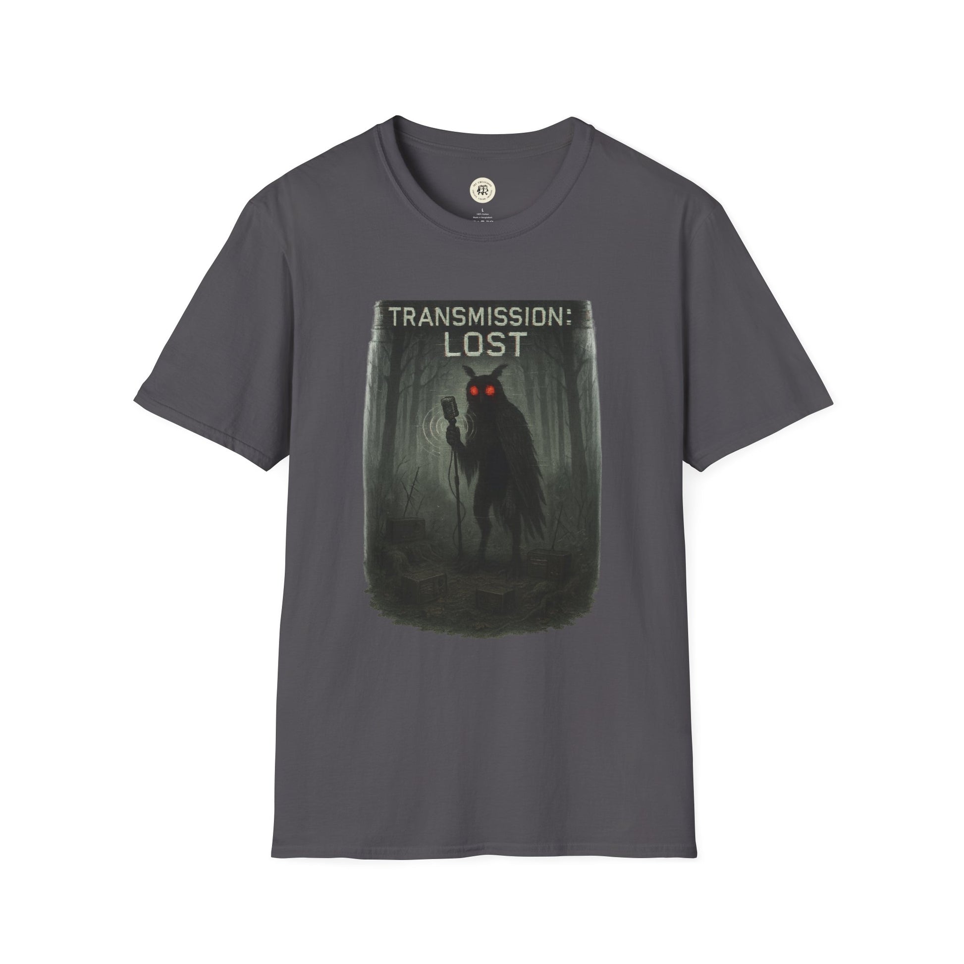 Mysterious lost transmission t-shirt with dark forest and glowing red eyes design on gray Printify tee