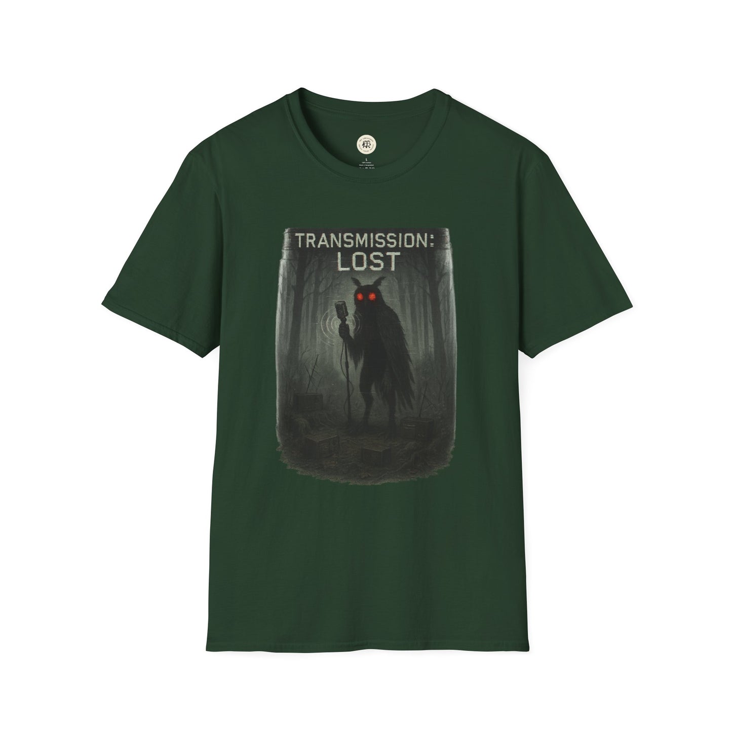 Printify green mysterious lost transmission t-shirt with dark forest and glowing red-eyed creature design