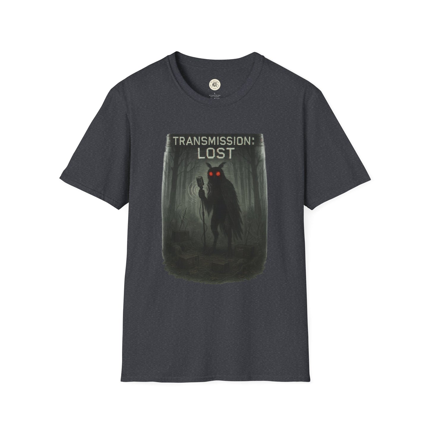 Black Printify mysterious lost transmission t-shirt with eerie red-eyed figure and transmission lost text