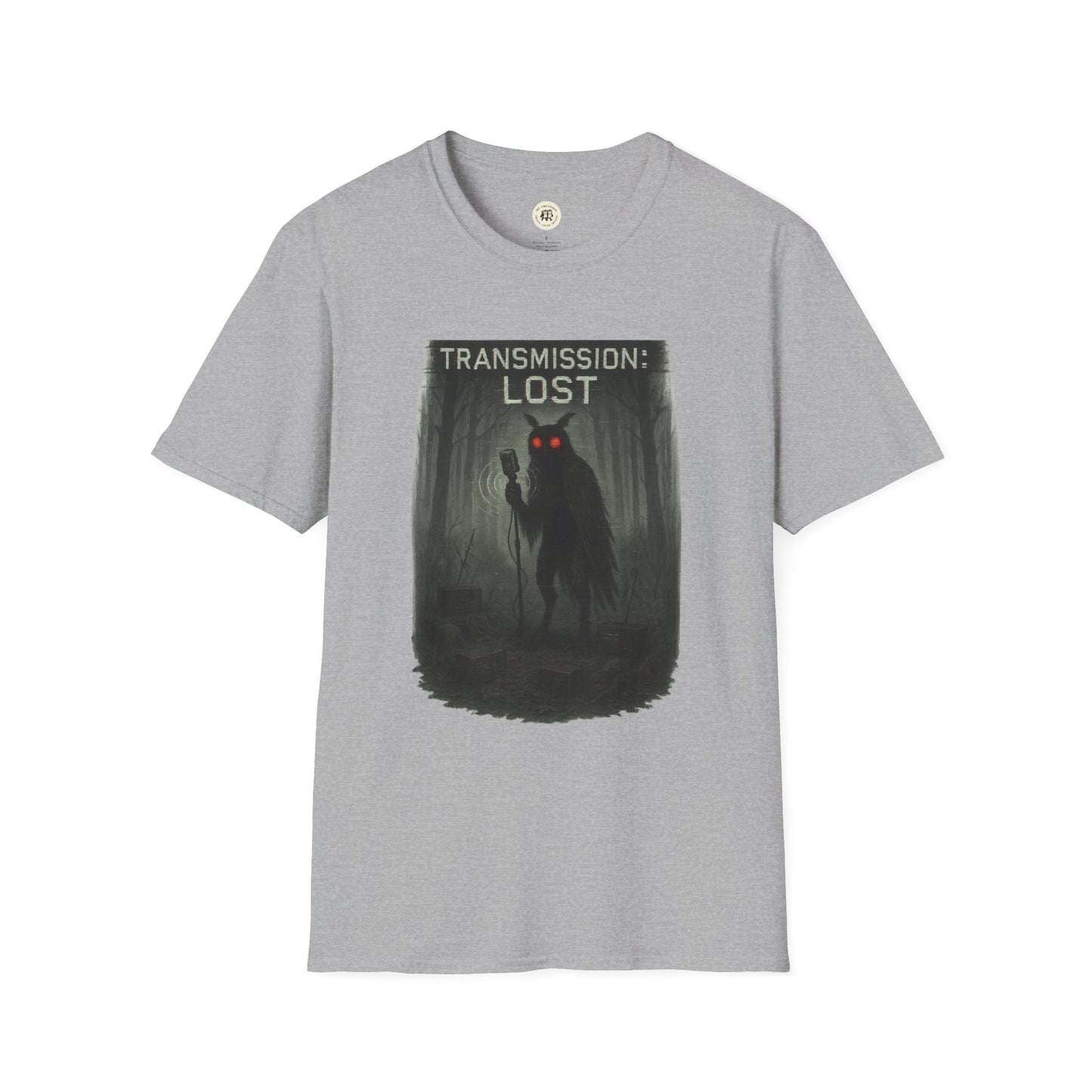 Gray Printify t-shirt featuring mysterious lost transmission t-shirt design with glowing red eyes in dark forest