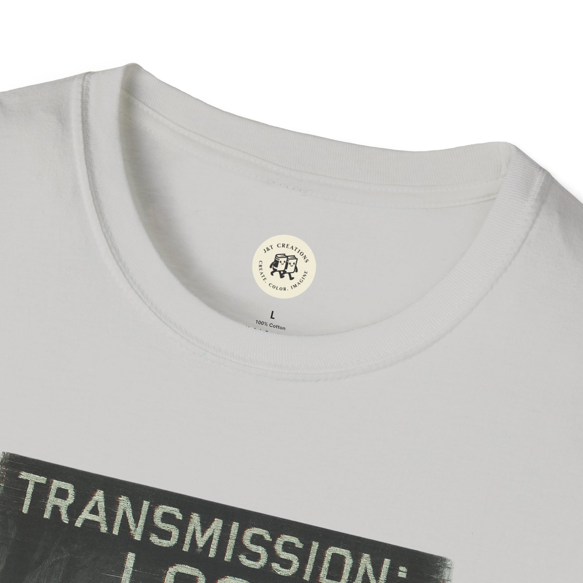 Printify mysterious lost transmission t-shirt white close-up of neckline and partial graphic print