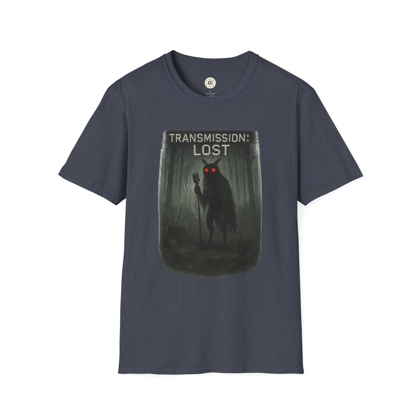 Printify mysterious lost transmission t-shirt with dark forest and glowing red-eyed creature design