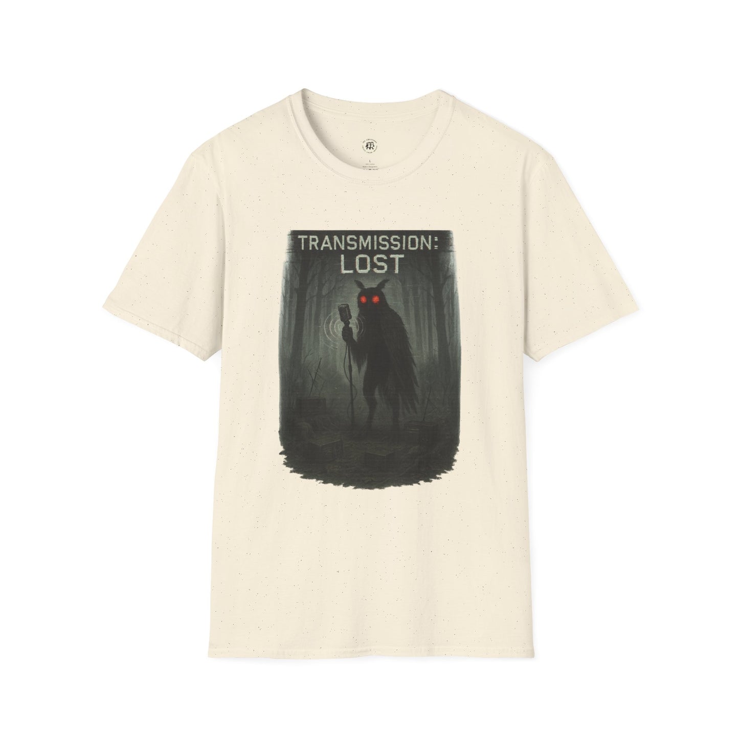 Printify mysterious lost transmission t-shirt featuring a dark forest design with glowing red eyes