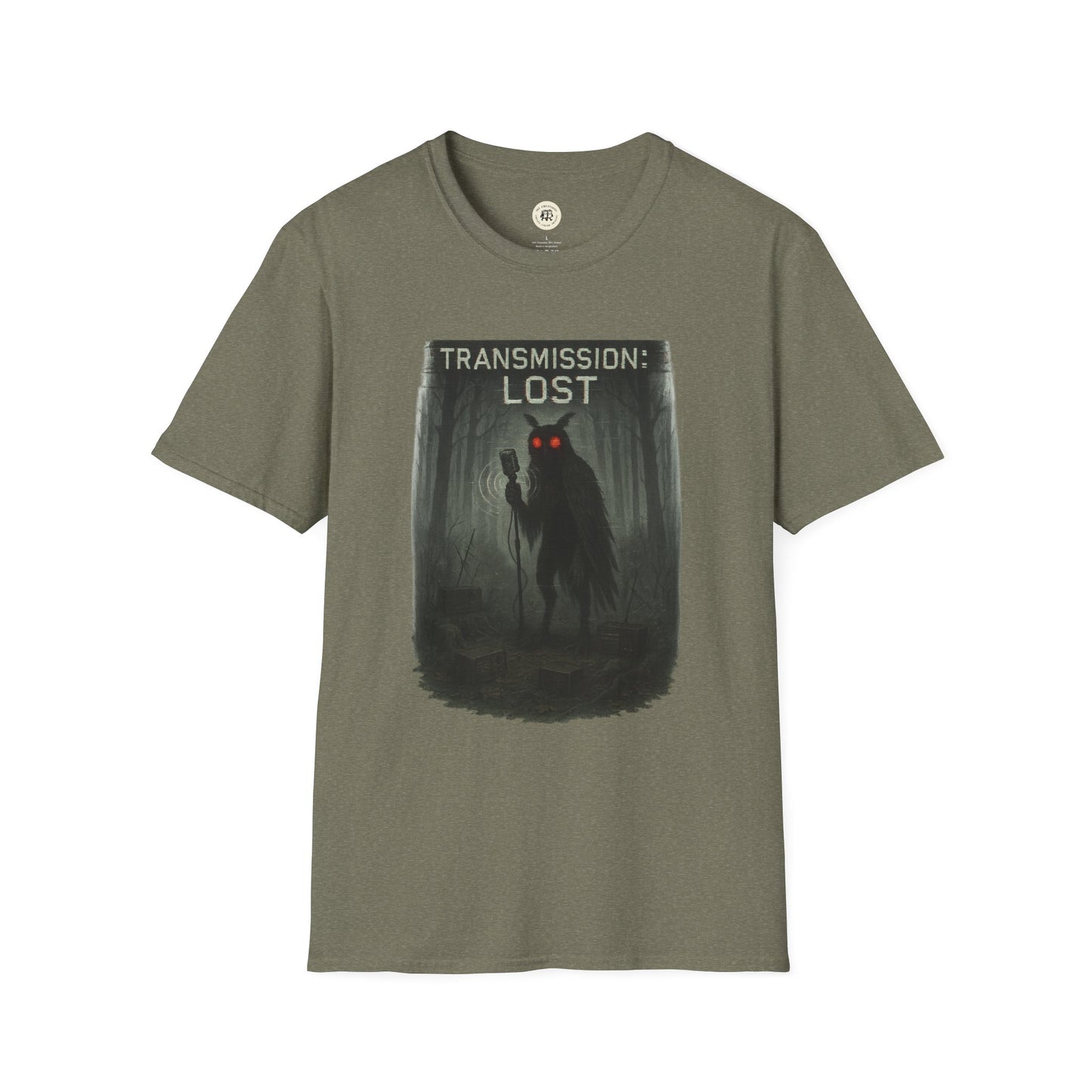 Mysterious lost transmission t-shirt with dark forest and glowing red-eyed figure design