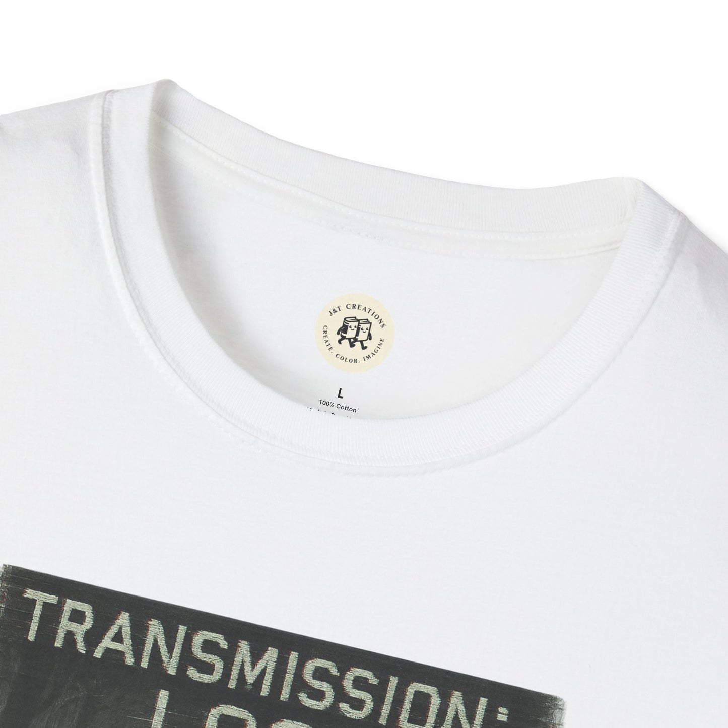 Close-up of white mysterious lost transmission t-shirt collar and graphic print by Printify