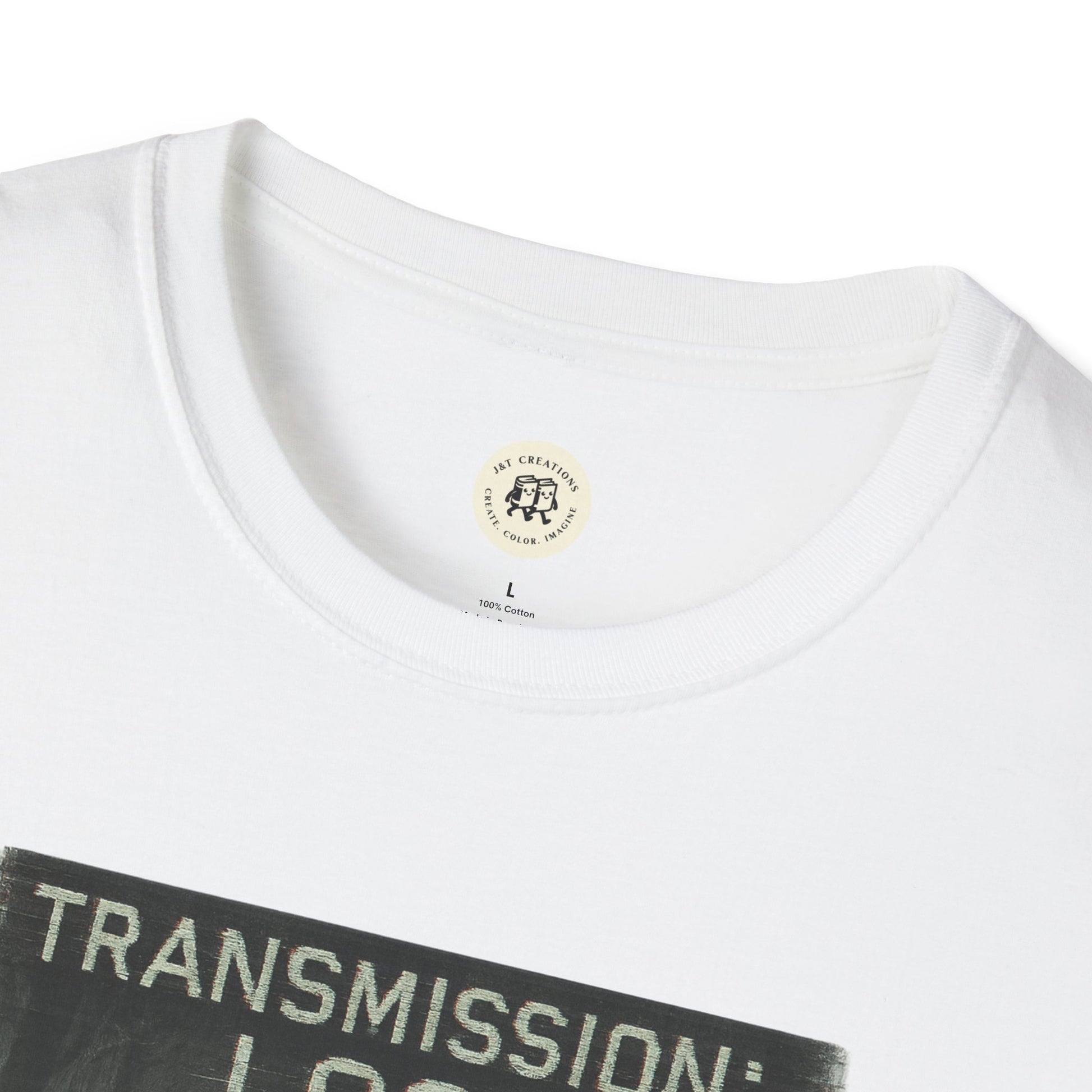 Close-up of white mysterious lost transmission t-shirt collar and graphic print by Printify
