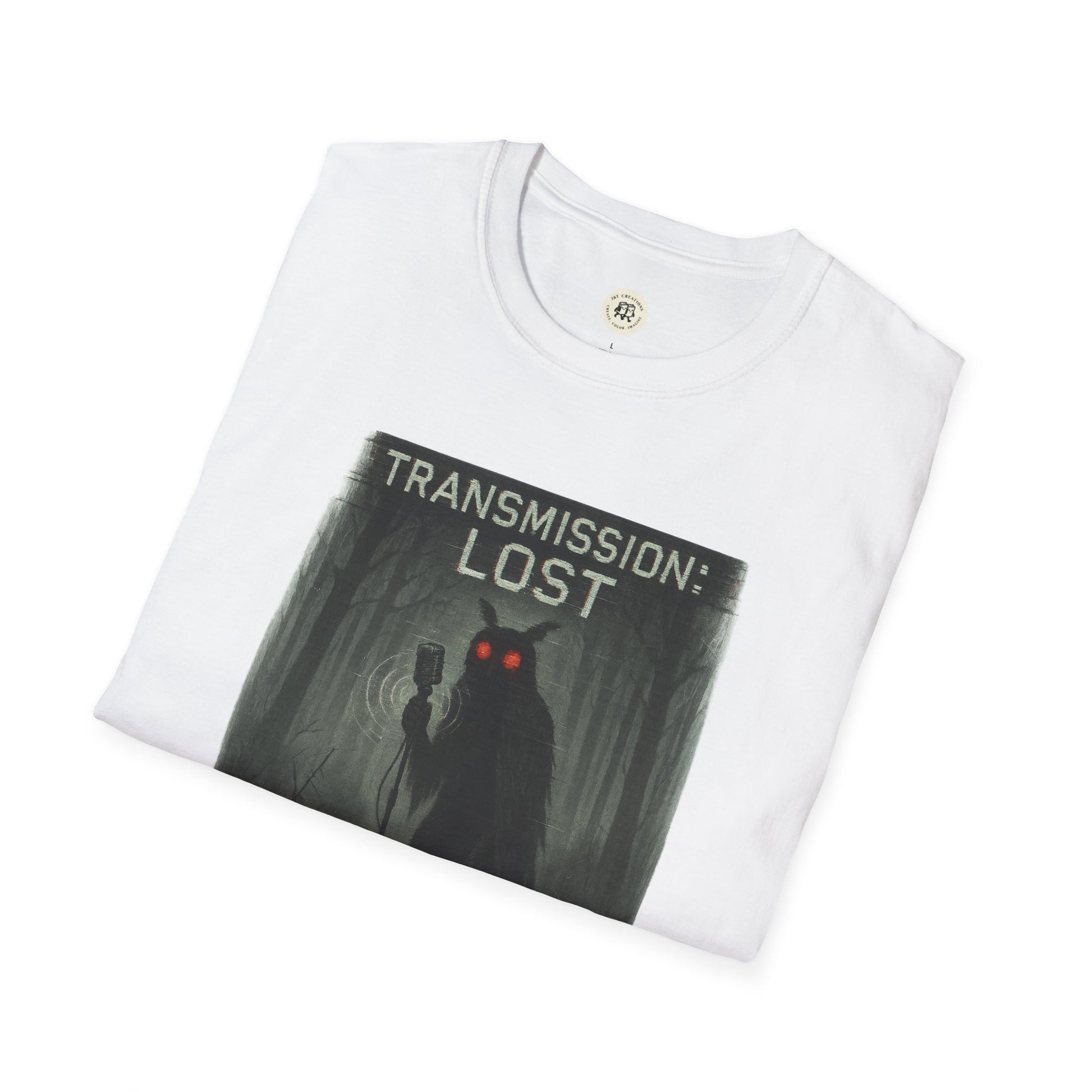 White mysterious lost transmission t-shirt with dark forest and glowing red eyes design