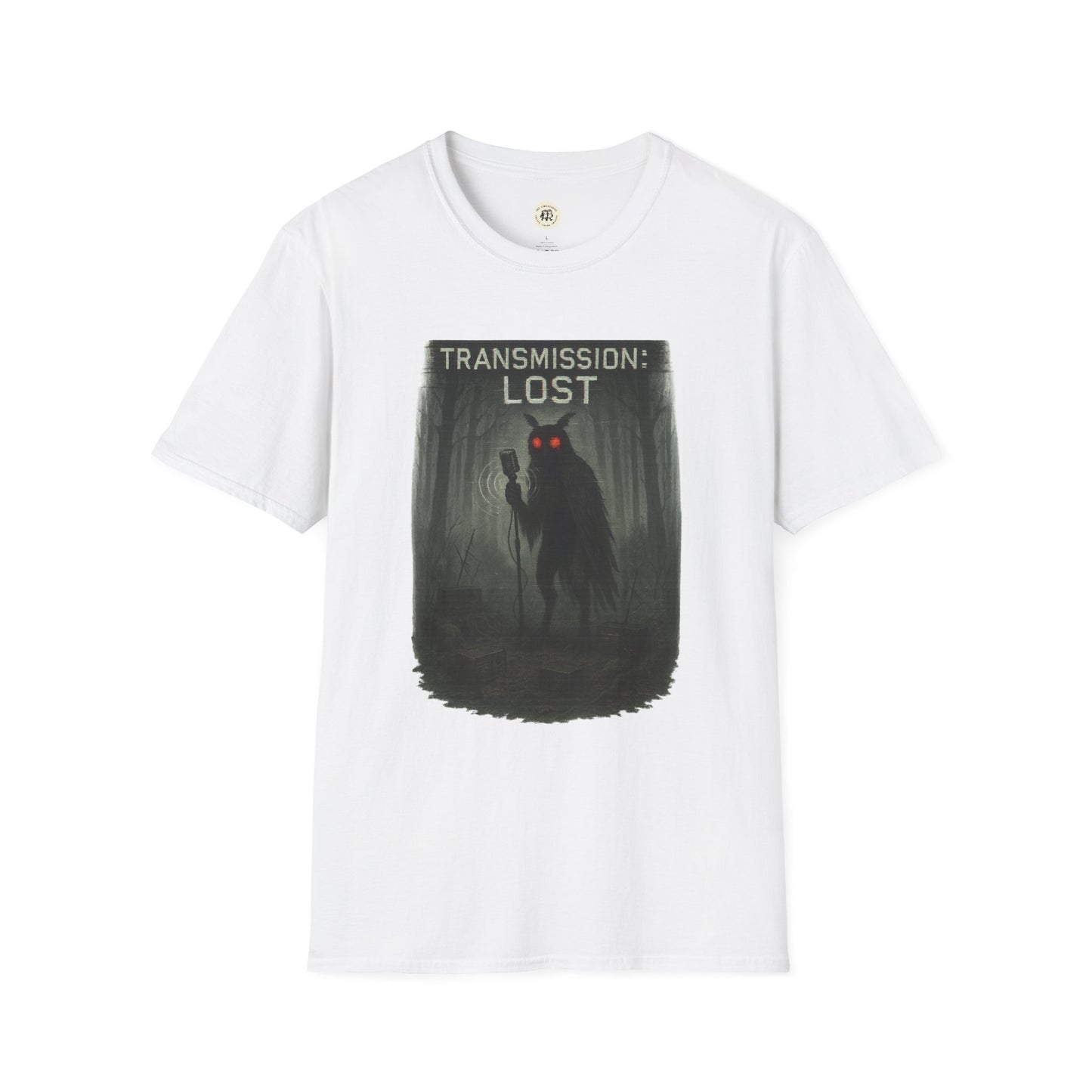 White t-shirt featuring a mysterious lost transmission t-shirt design with eerie forest and glowing red eyes