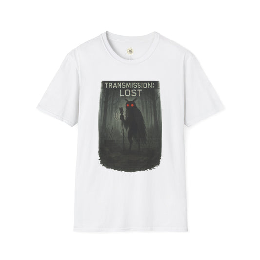 White t-shirt featuring a mysterious lost transmission t-shirt design with eerie forest and glowing red eyes