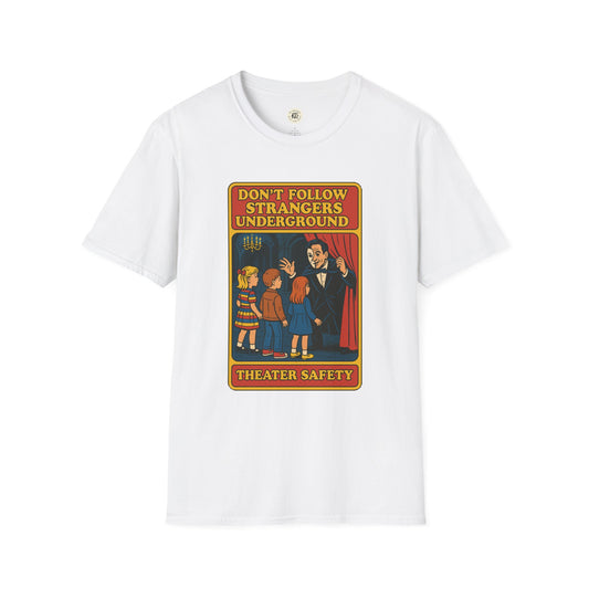 White phantom of the opera t-shirt with vintage theater safety graphic and children illustration