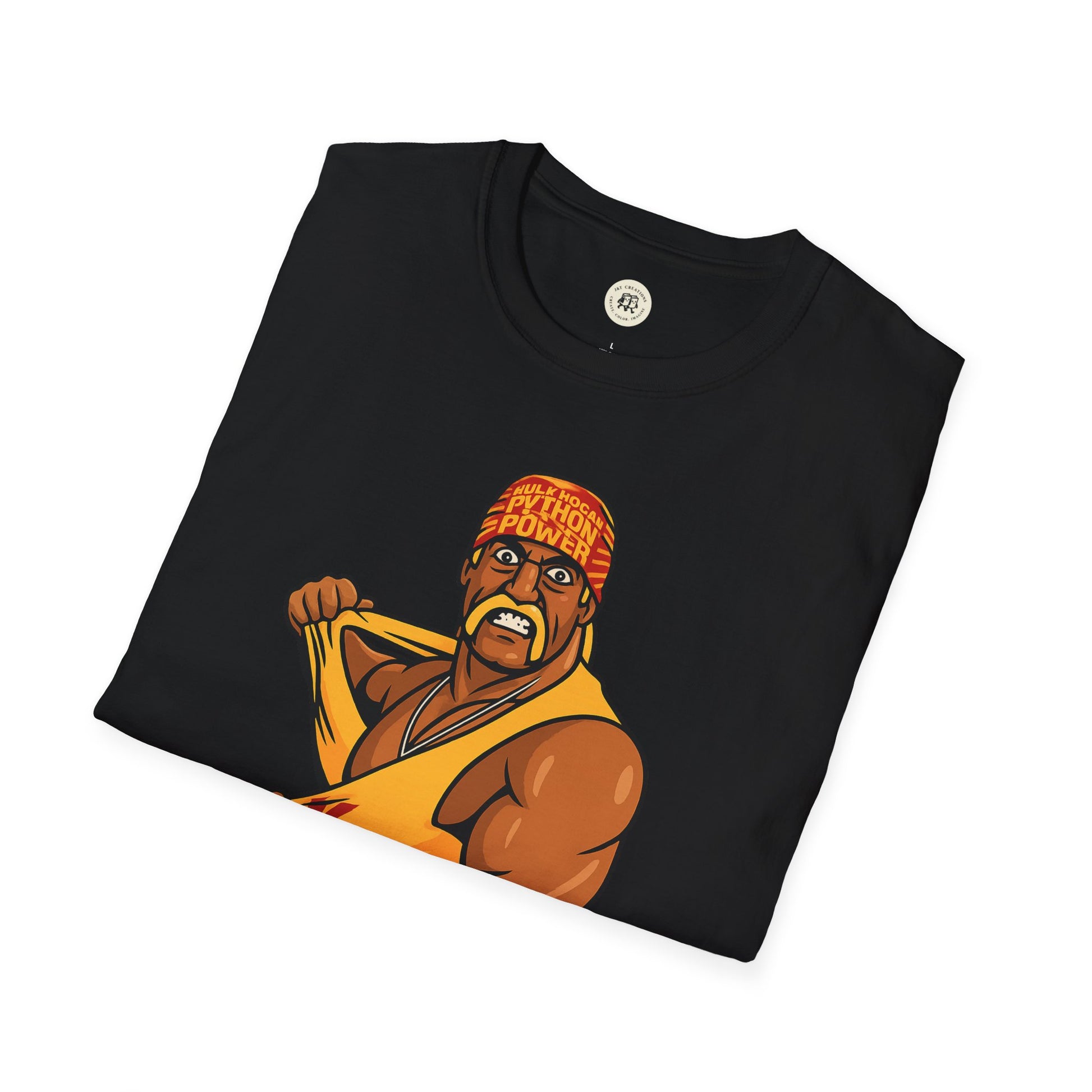 Black vintage Hulkamania t-shirt featuring a muscular wrestler graphic tearing his yellow tank top