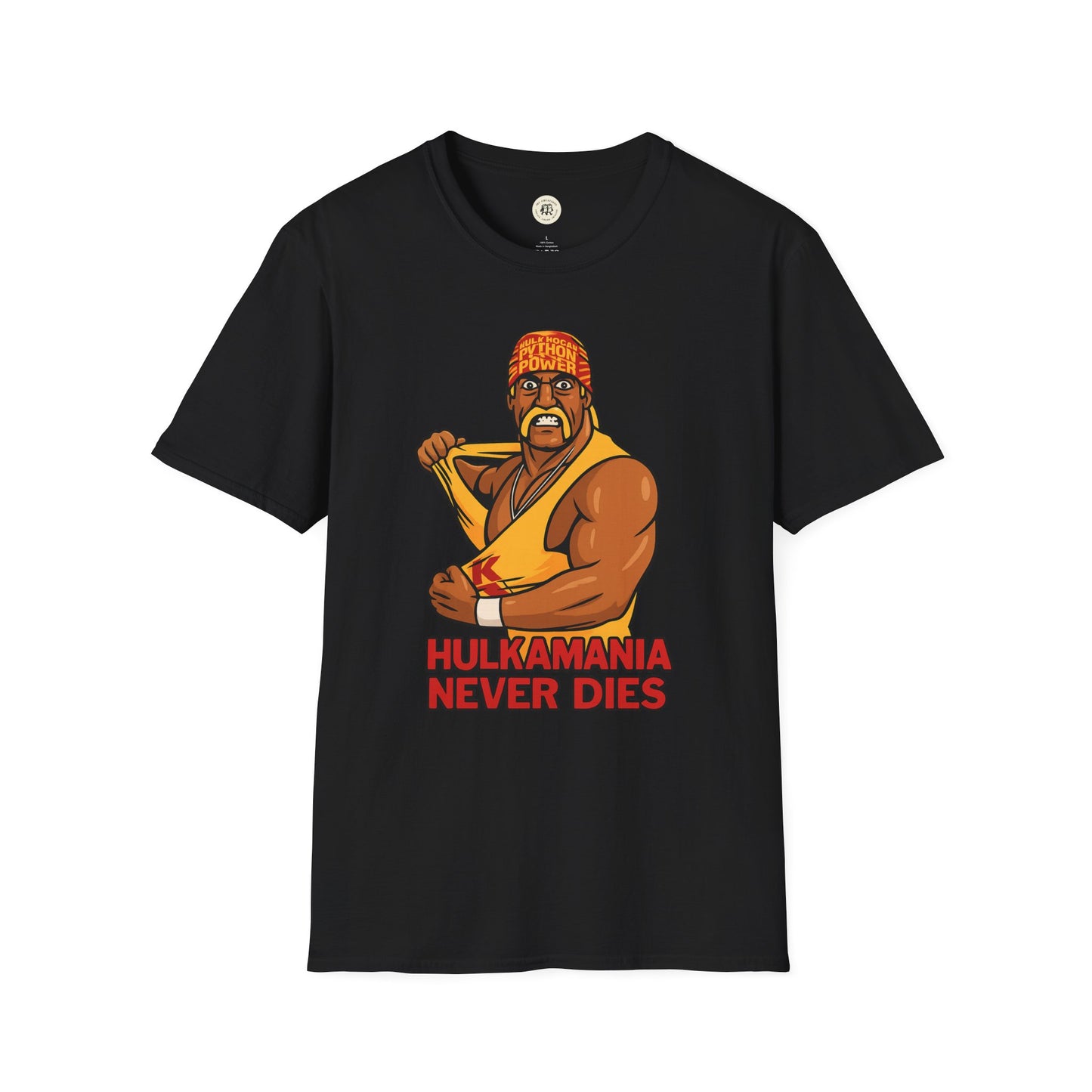 Printify vintage Hulkamania t-shirt featuring bold graphic of Hulk Hogan and text Hulkamania Never Dies