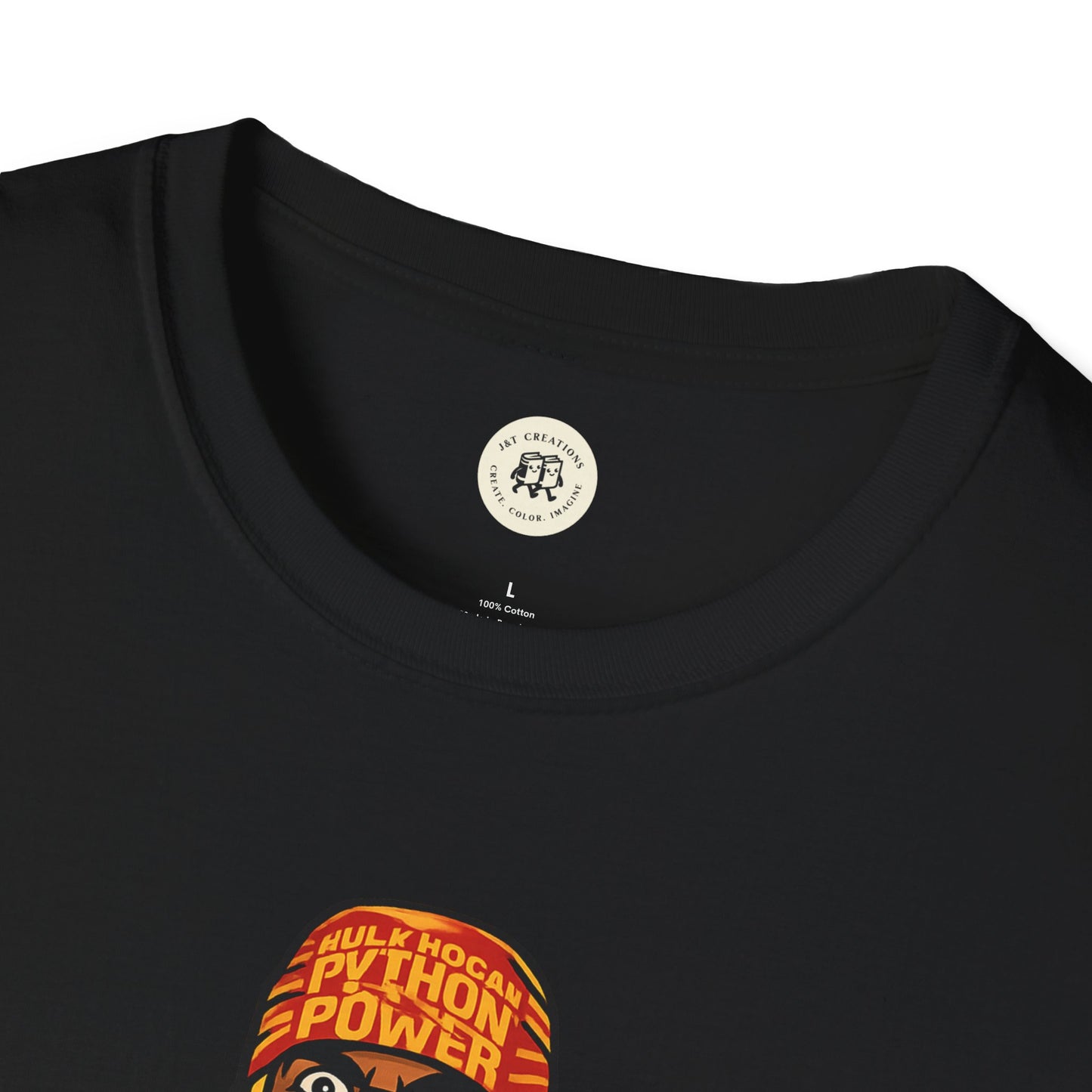 Black Printify vintage Hulkamania t-shirt showing partial colorful Hulk design on front