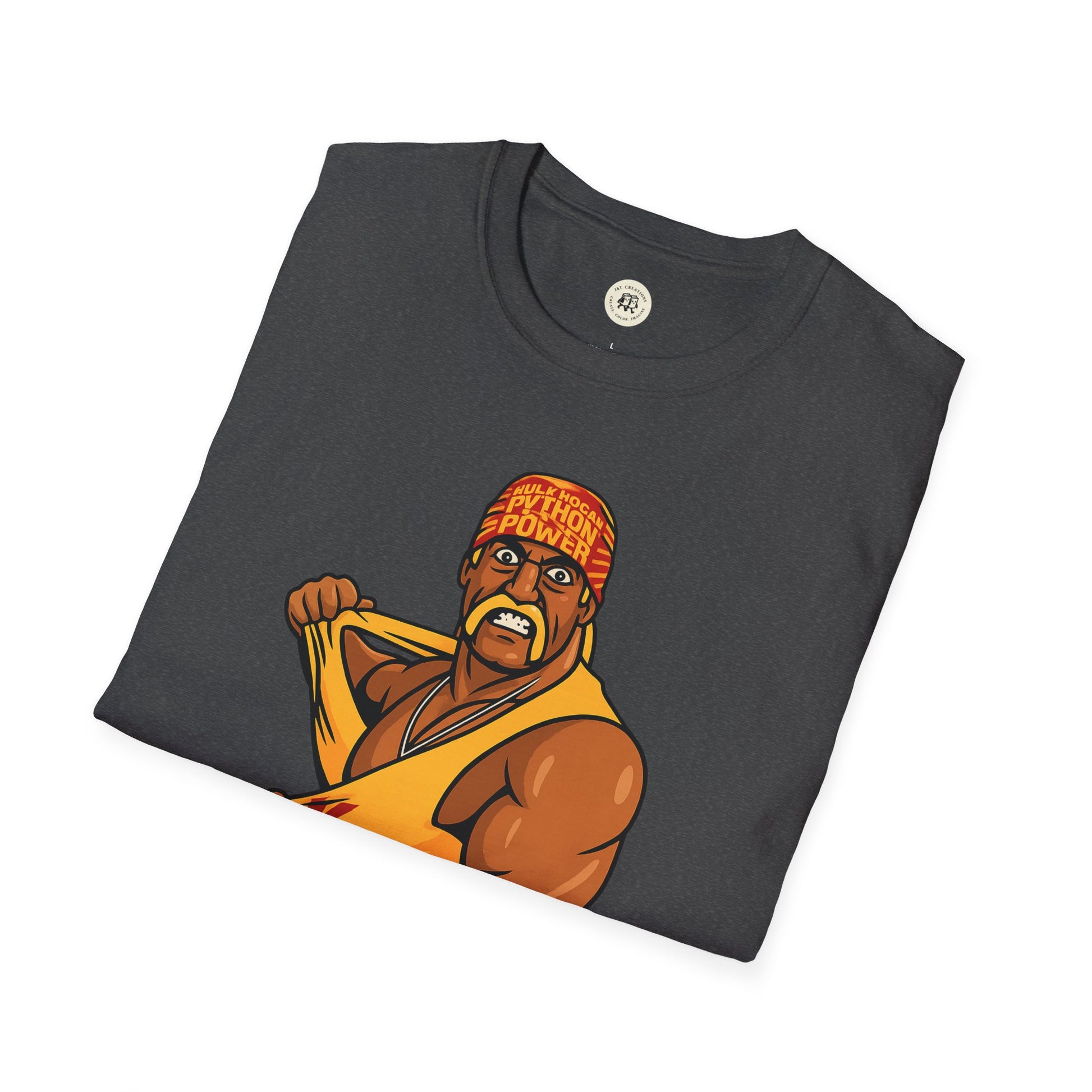 Printify black vintage Hulkamania t-shirt featuring a graphic of a muscular wrestler tearing his shirt