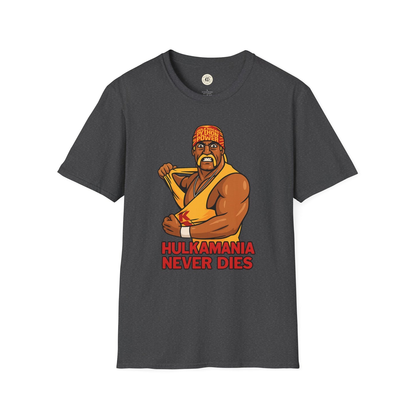 Printify vintage Hulkamania t-shirt in dark gray with graphic of Hulk Hogan and Hulkamania never dies text