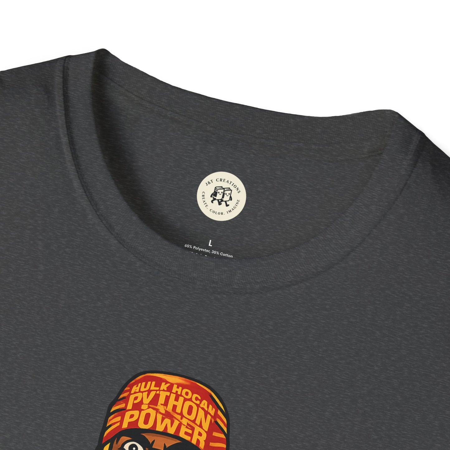 Close-up of vintage Hulkamania t-shirt neckline and partial colorful graphic design on dark fabric
