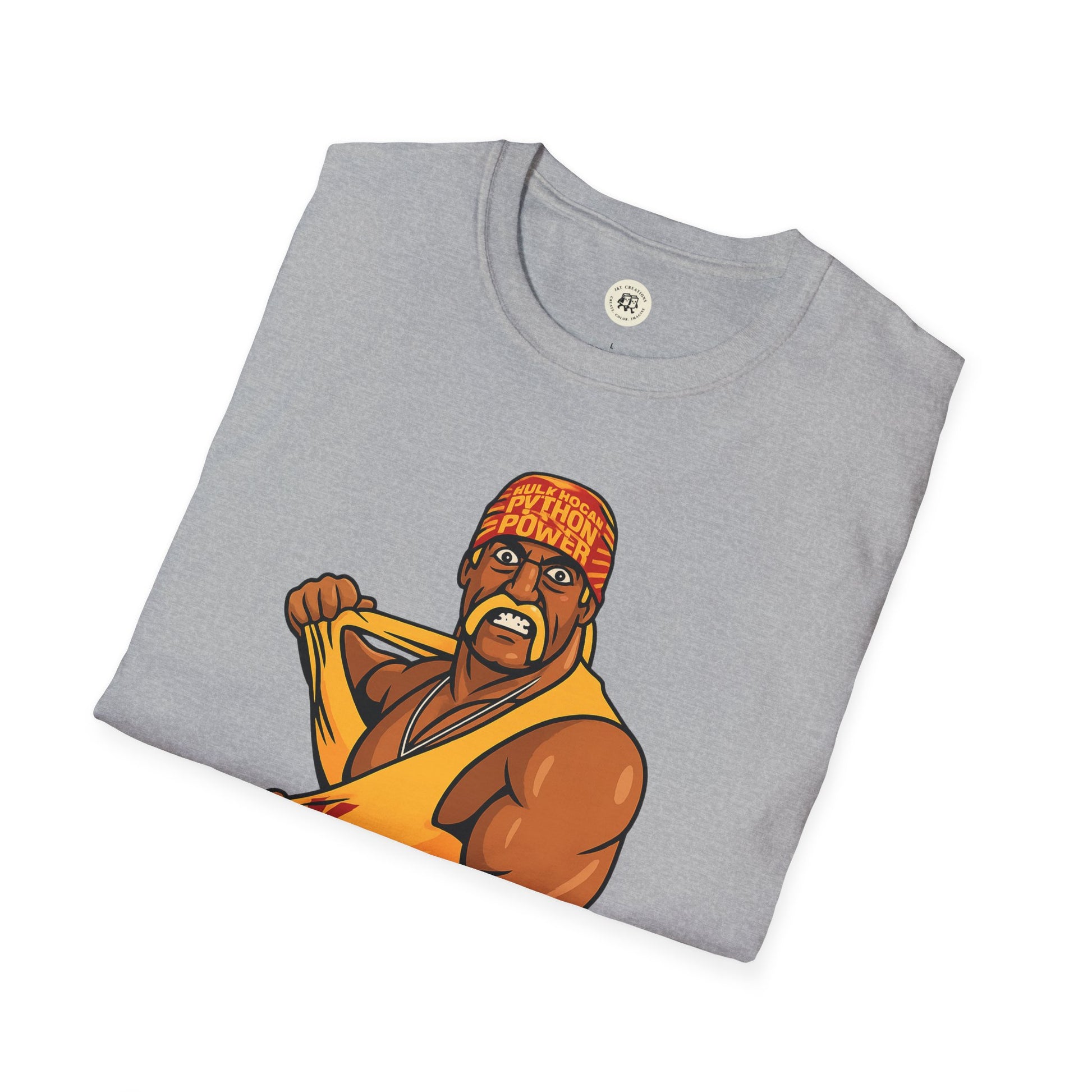Gray Printify t-shirt featuring a vintage Hulkamania t-shirt design with a muscular wrestler pulling his shirt