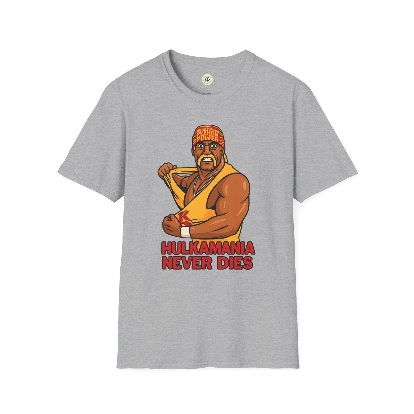 Gray vintage Hulkamania t-shirt with graphic of muscular wrestler flexing and Hulkamania Never Dies text