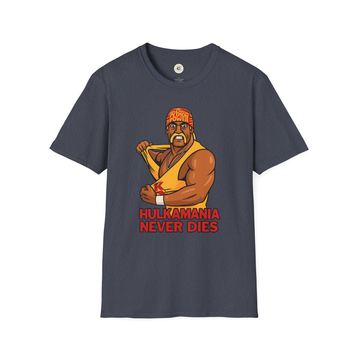 Printify vintage Hulkamania t-shirt with graphic Hulk Hogan illustration and Hulkamania Never Dies text