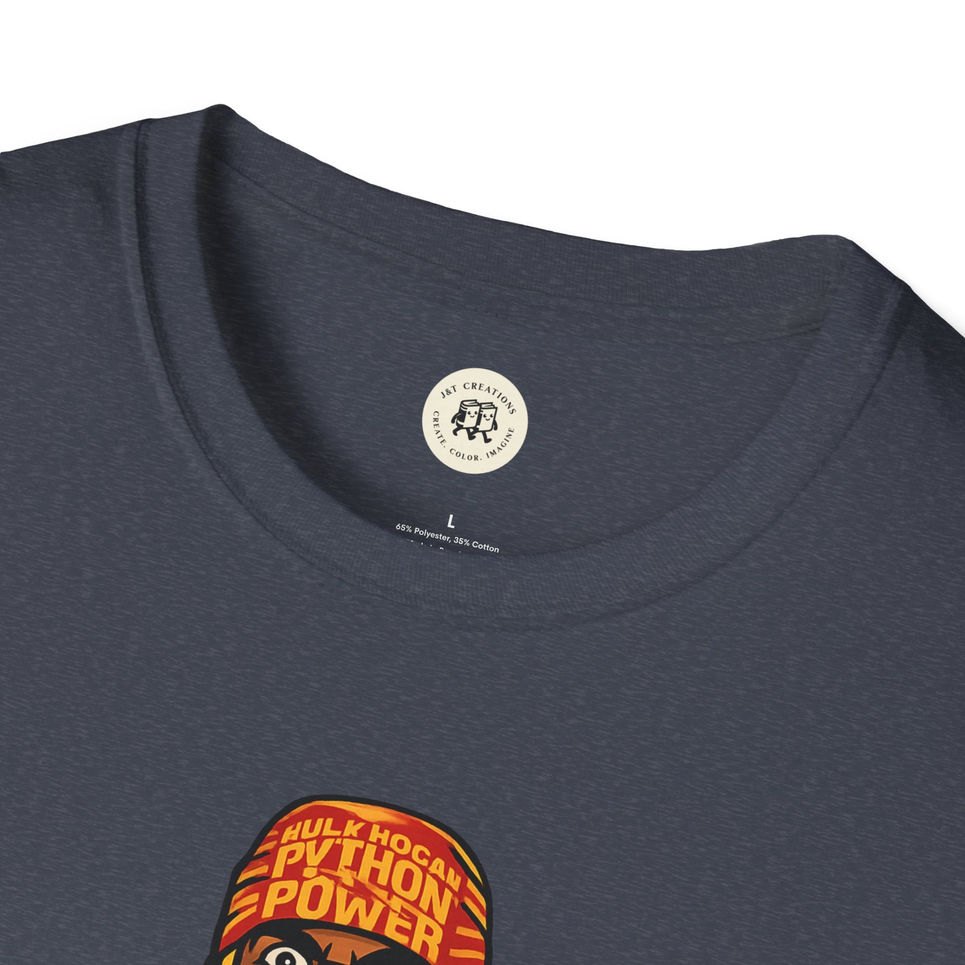 Close-up of Printify vintage Hulkamania t-shirt with black crew neck and colorful design print