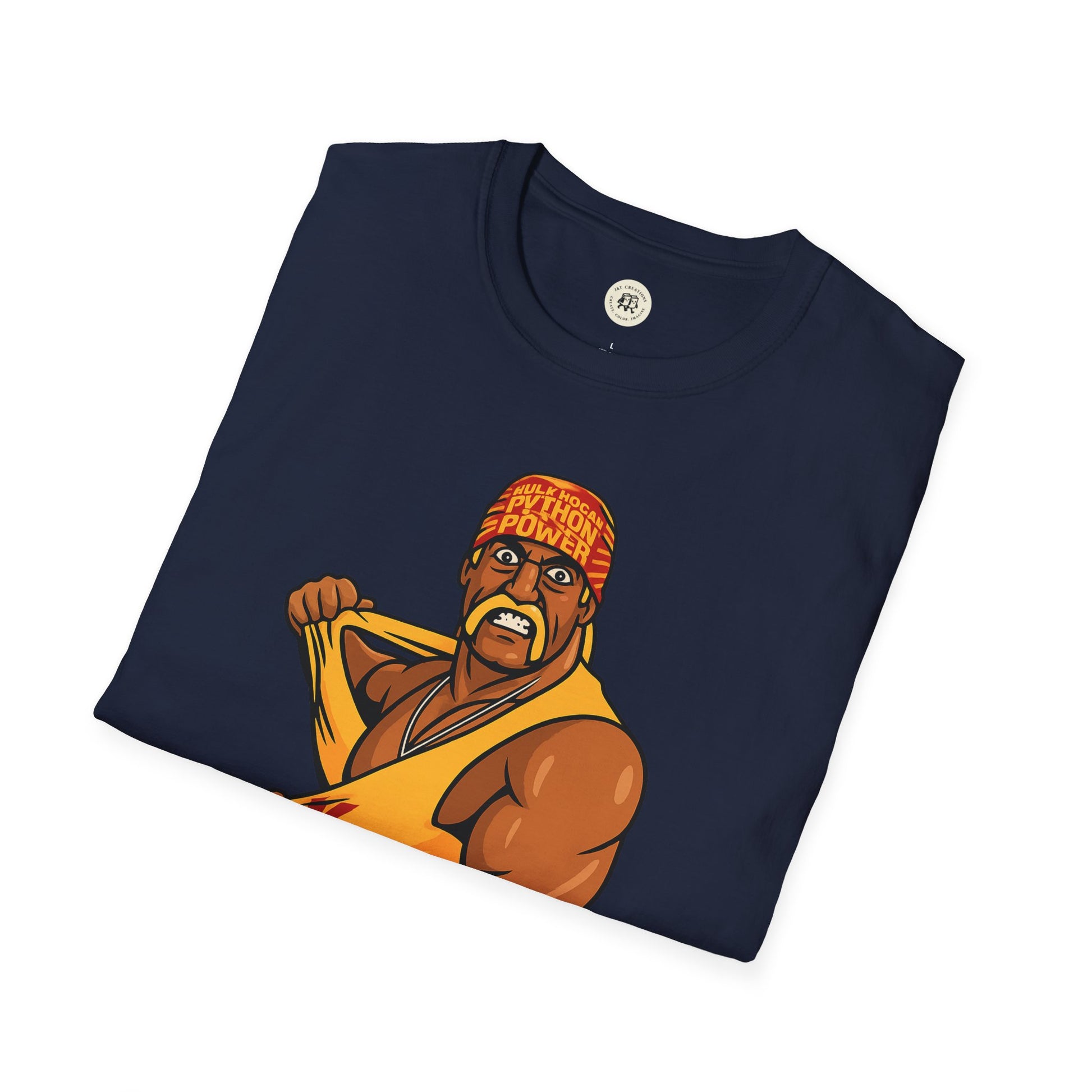Printify navy blue vintage Hulkamania t-shirt featuring a bold graphic of a wrestler tearing his shirt