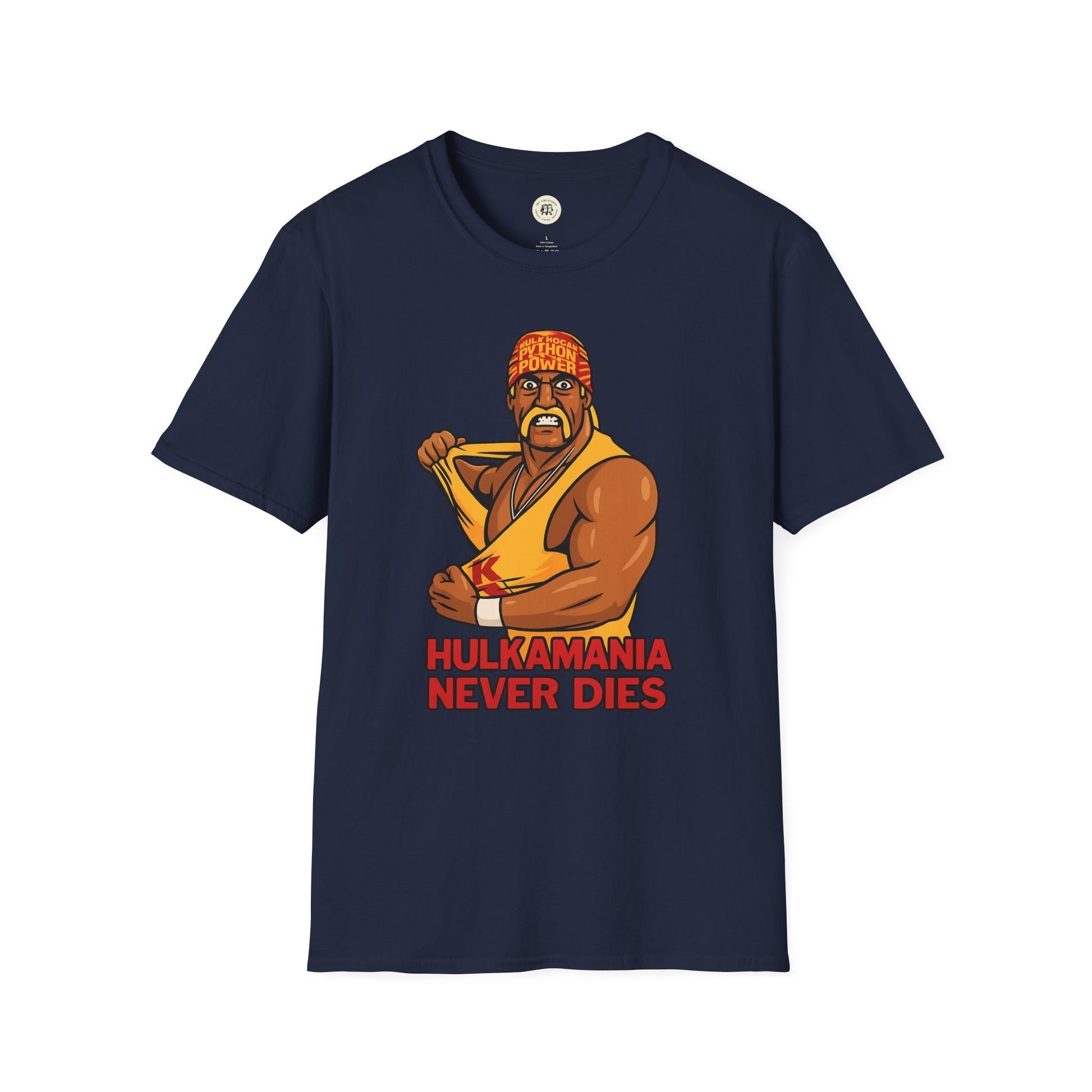 Navy blue vintage Hulkamania t-shirt featuring a graphic of Hulk Hogan ripping his yellow tank top