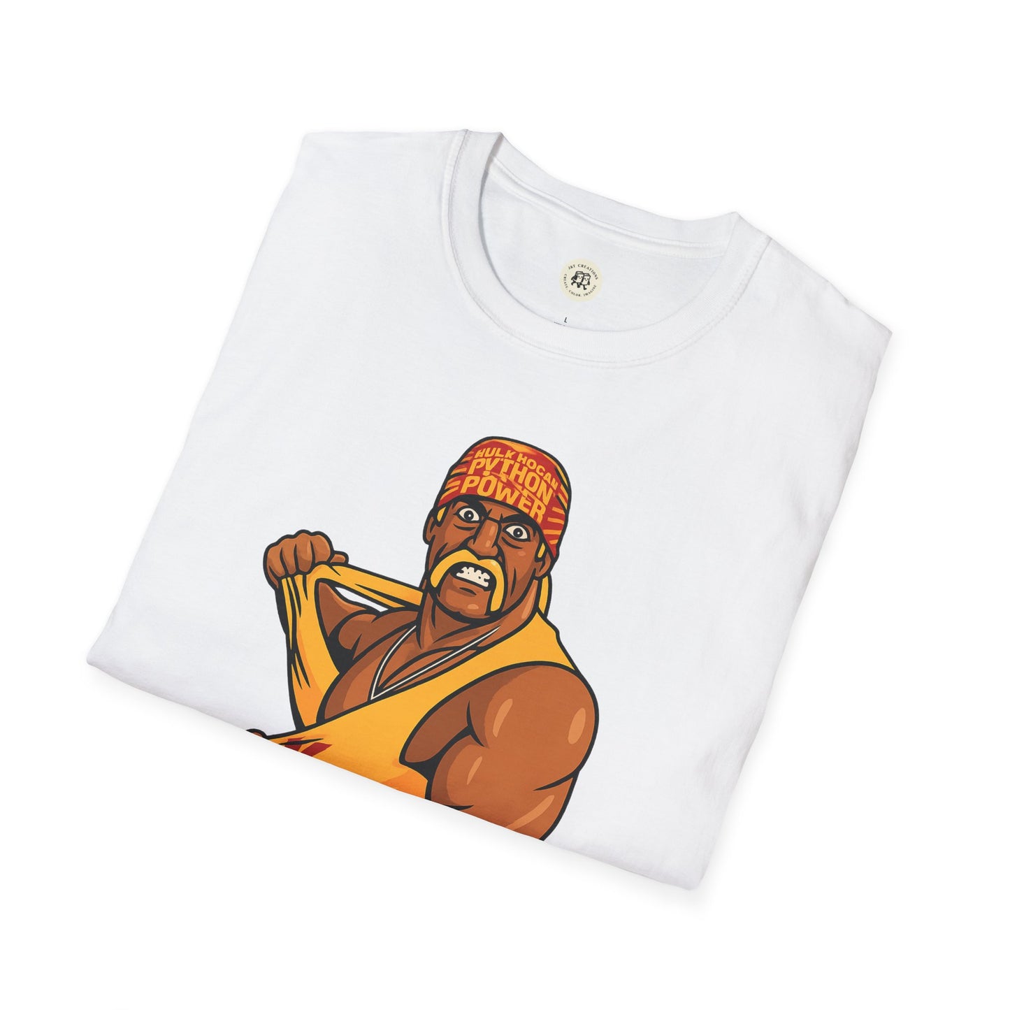 White vintage Hulkamania t-shirt with graphic of a muscular wrestler flexing on front