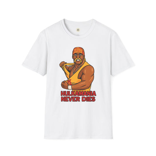 White vintage Hulkamania t-shirt featuring cartoon Hulk Hogan with Hulkamania Never Dies text