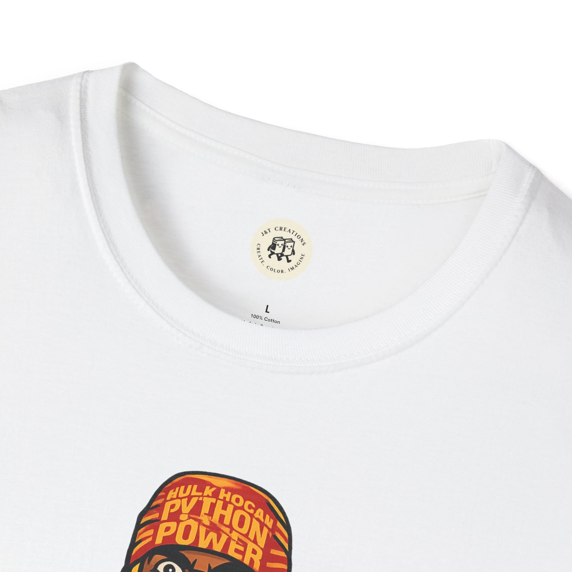 White Printify t-shirt featuring a vintage Hulkamania t-shirt graphic with bold yellow and red text design