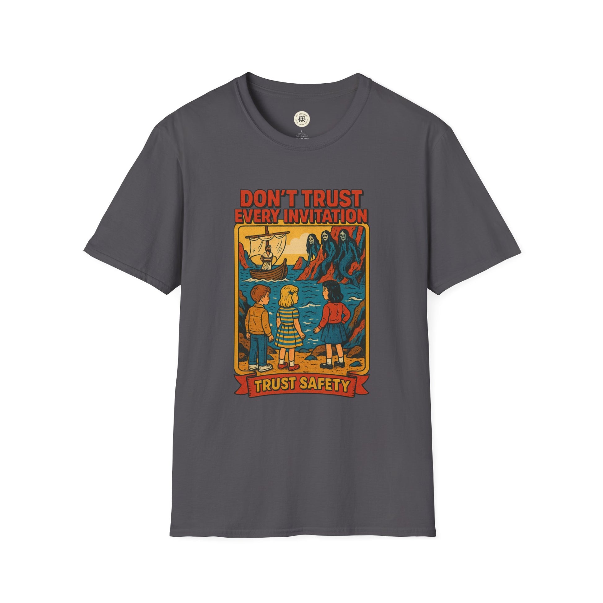 Printify vintage odysseus graphic tee in dark gray with retro safety message and mythological design