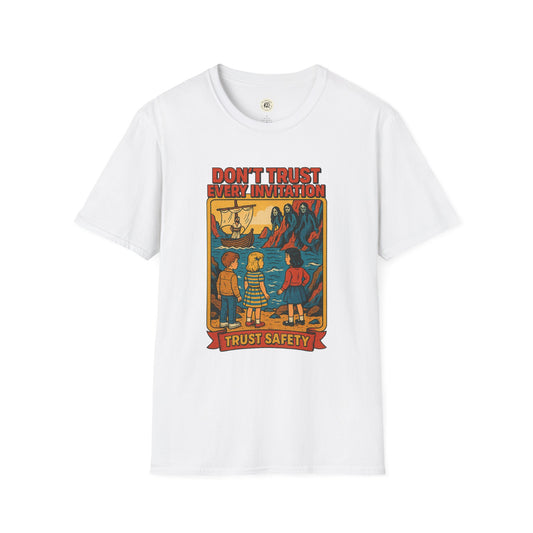 White Printify vintage odysseus graphic tee with cartoon-style ancient Greek scene and safety message