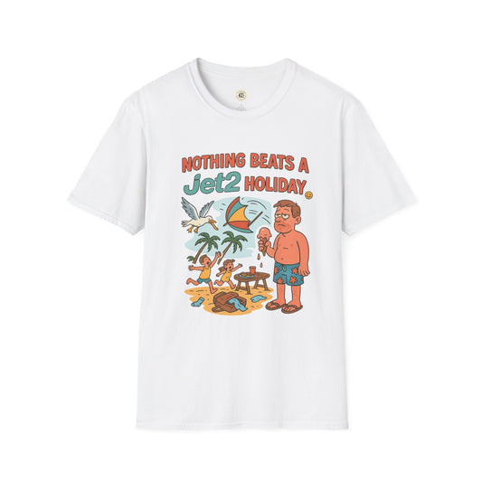 White Printify t-shirt with colorful cartoon design and text Nothing beats a Jet2 holiday t-shirt