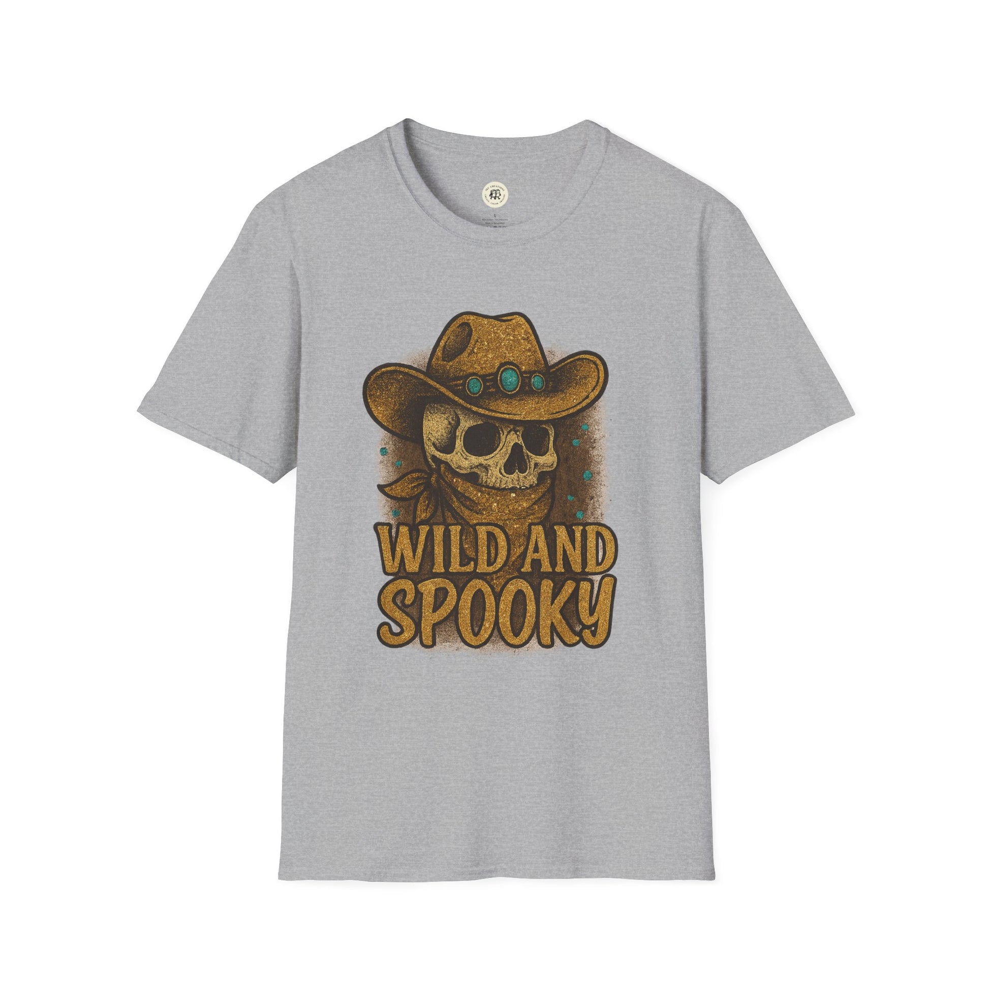 Printify grey T shirt with skull wearing cowboy hat bandana and turquoise accents wild and spooky Halloween shirt