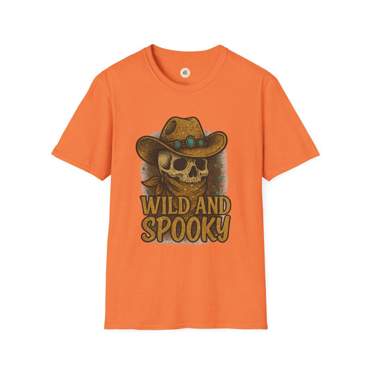 Printify orange T shirt with skull in cowboy hat and vintage lettering wild and spooky Halloween shirt for parties