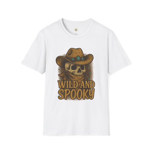 Printify white T shirt with skull wearing cowboy hat and bandana with Wild and Spooky graphic wild and spooky Halloween shirt