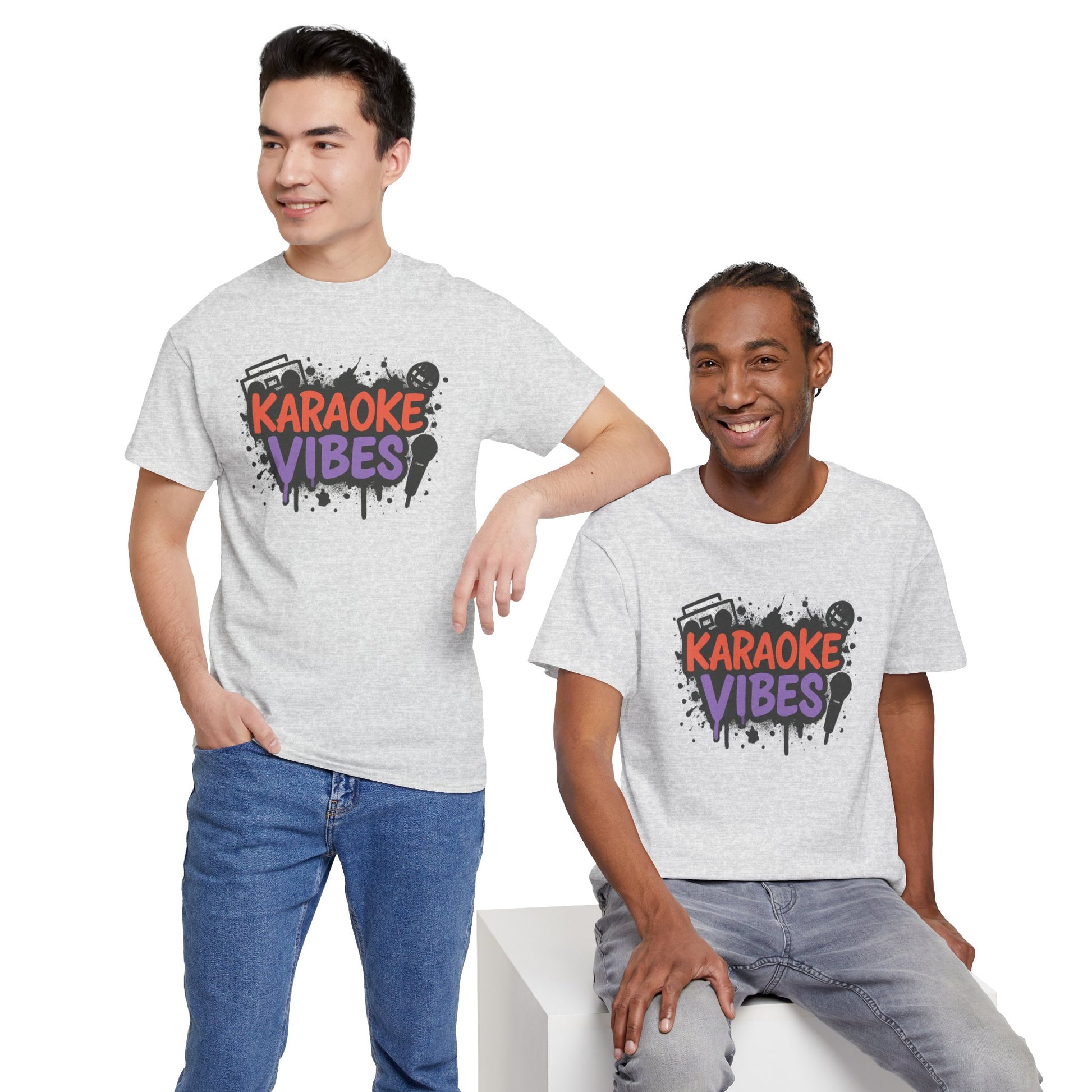 Printify karaoke t-shirt for parties with colorful Karaoke Vibes graphic worn by two men