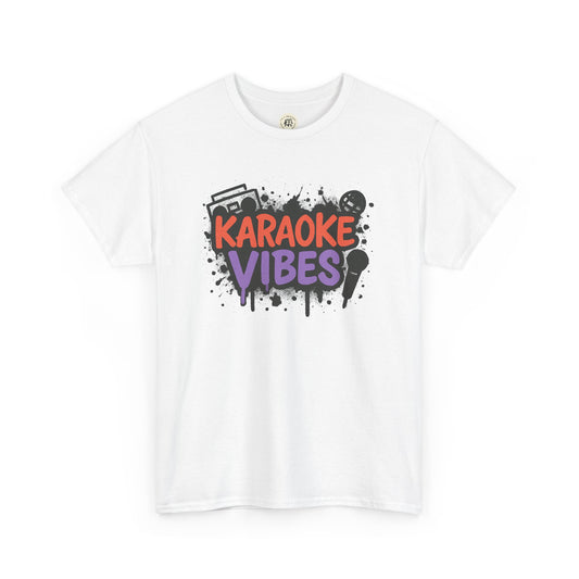 White Printify karaoke t-shirt for parties with colorful Karaoke Vibes graphic and microphone design