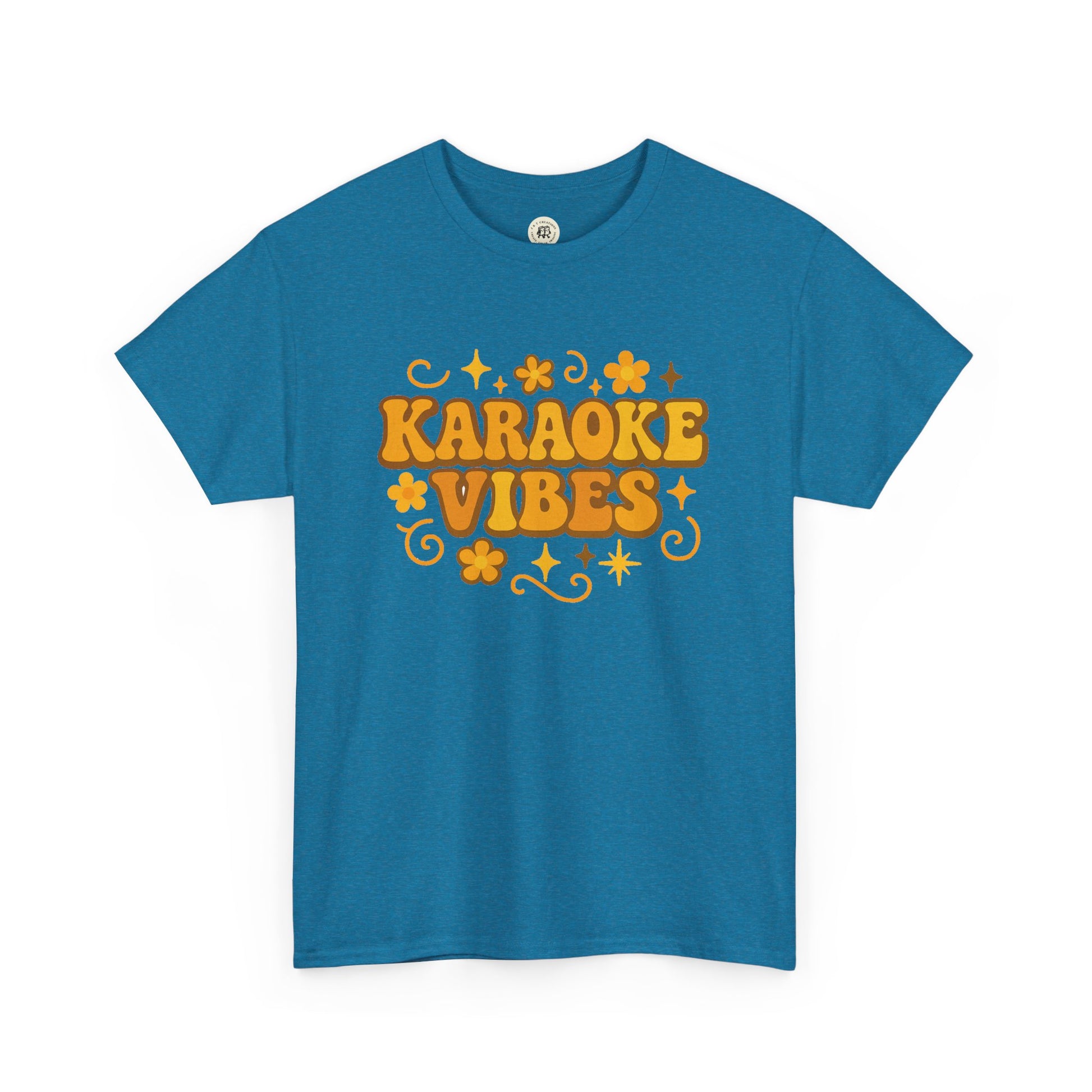 Blue karaoke vibes t-shirt with retro yellow text and flower graphic design by Printify