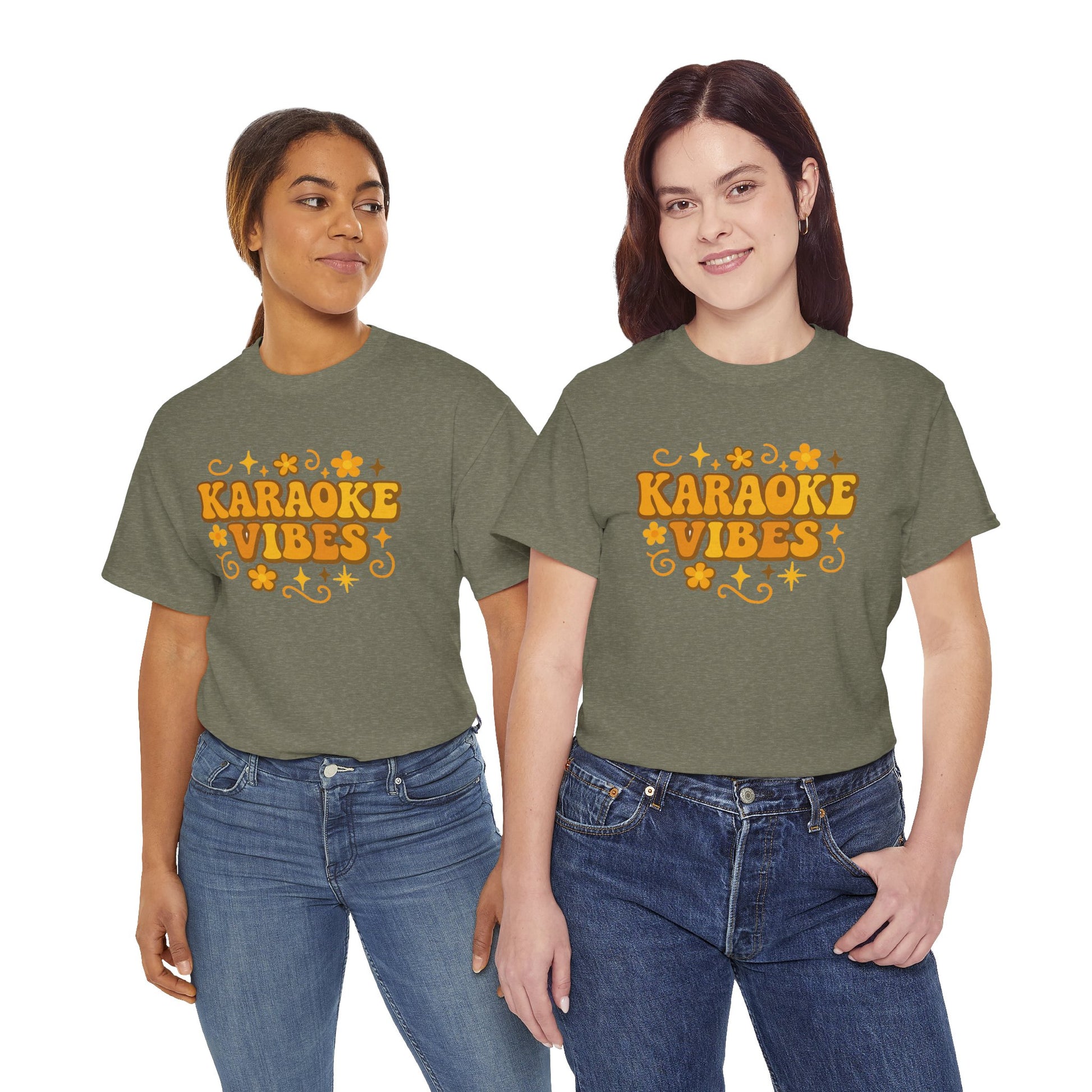 Olive green karaoke vibes t-shirt with orange retro design worn by two women in casual jeans