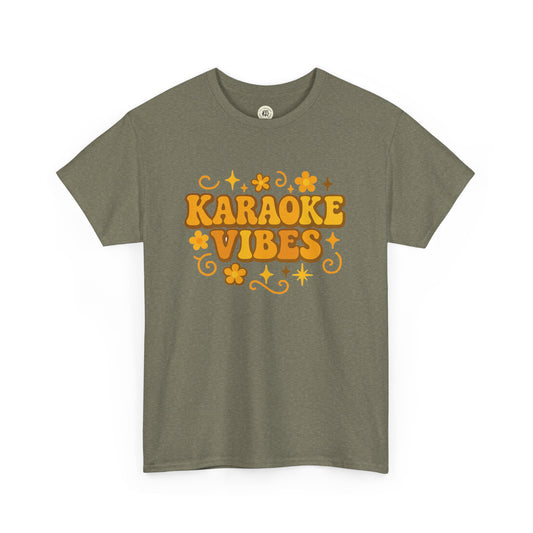 Printify karaoke vibes t-shirt with retro orange text and floral design on olive green fabric