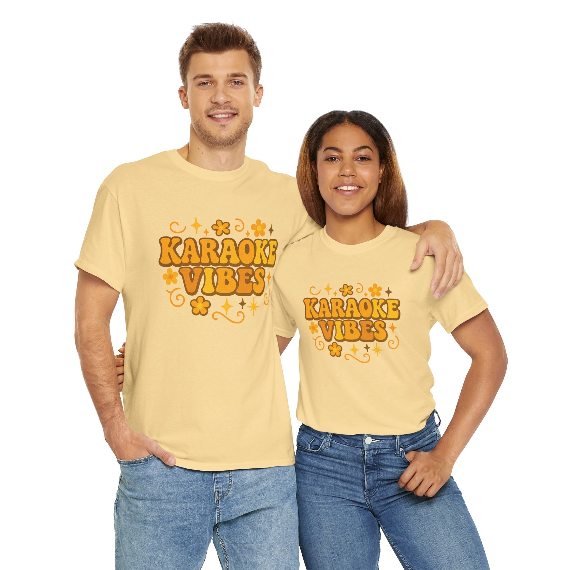 Printify karaoke vibes t-shirt in pale yellow worn by man and woman with retro orange floral design