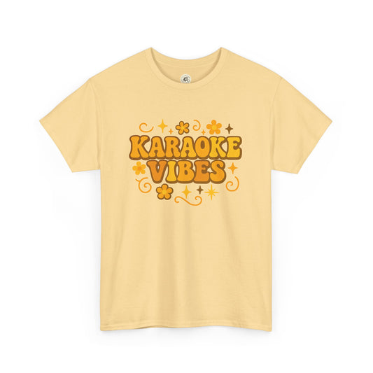 Printify karaoke vibes t-shirt in light yellow with retro orange text and floral design