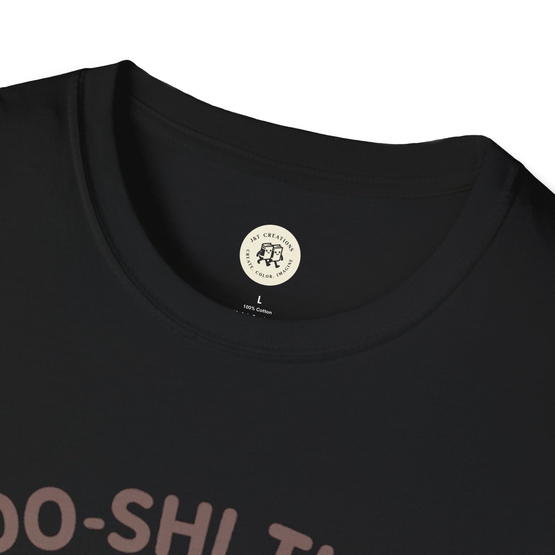 Close-up of black kawaii sushi t-shirt collar and fabric made by Printify in size large