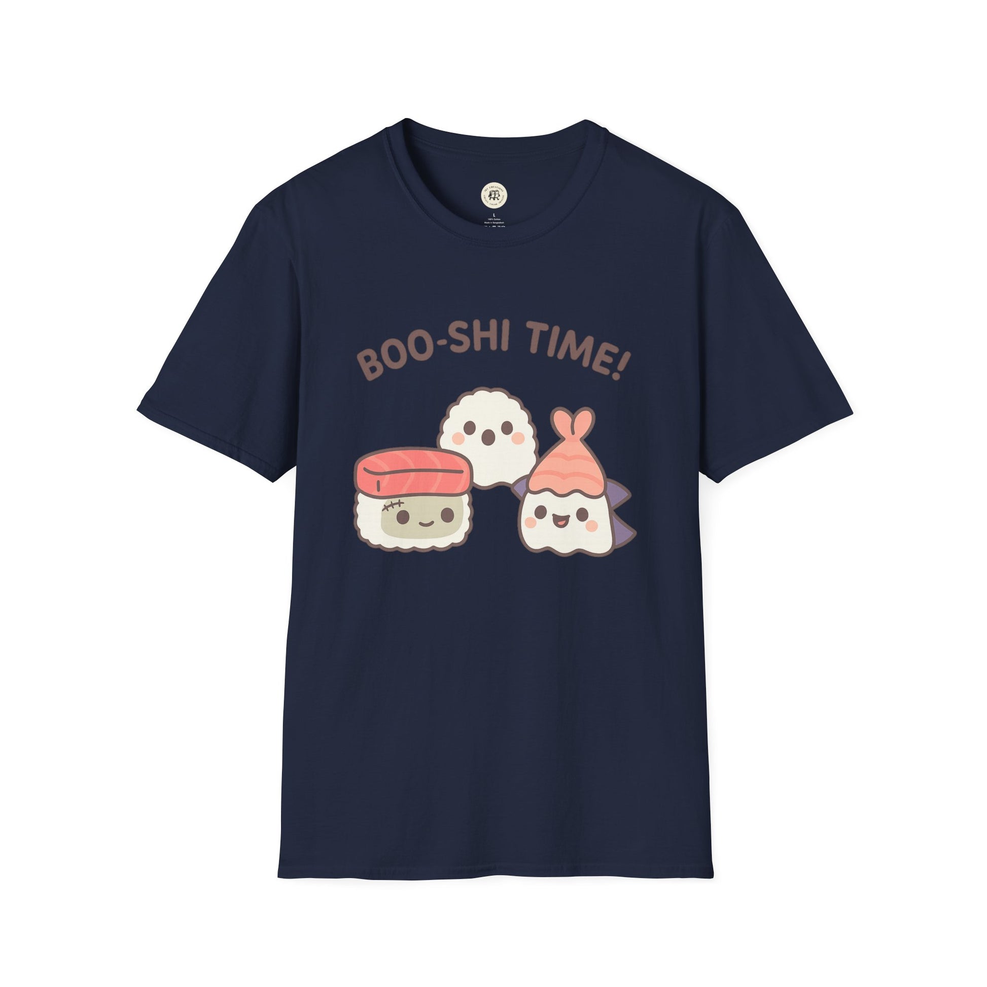 Navy Printify kawaii sushi t-shirt with cute sushi characters and Boo-shi Time text