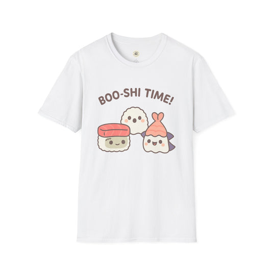 White kawaii sushi t-shirt featuring cute sushi characters with Boo-shi Time text