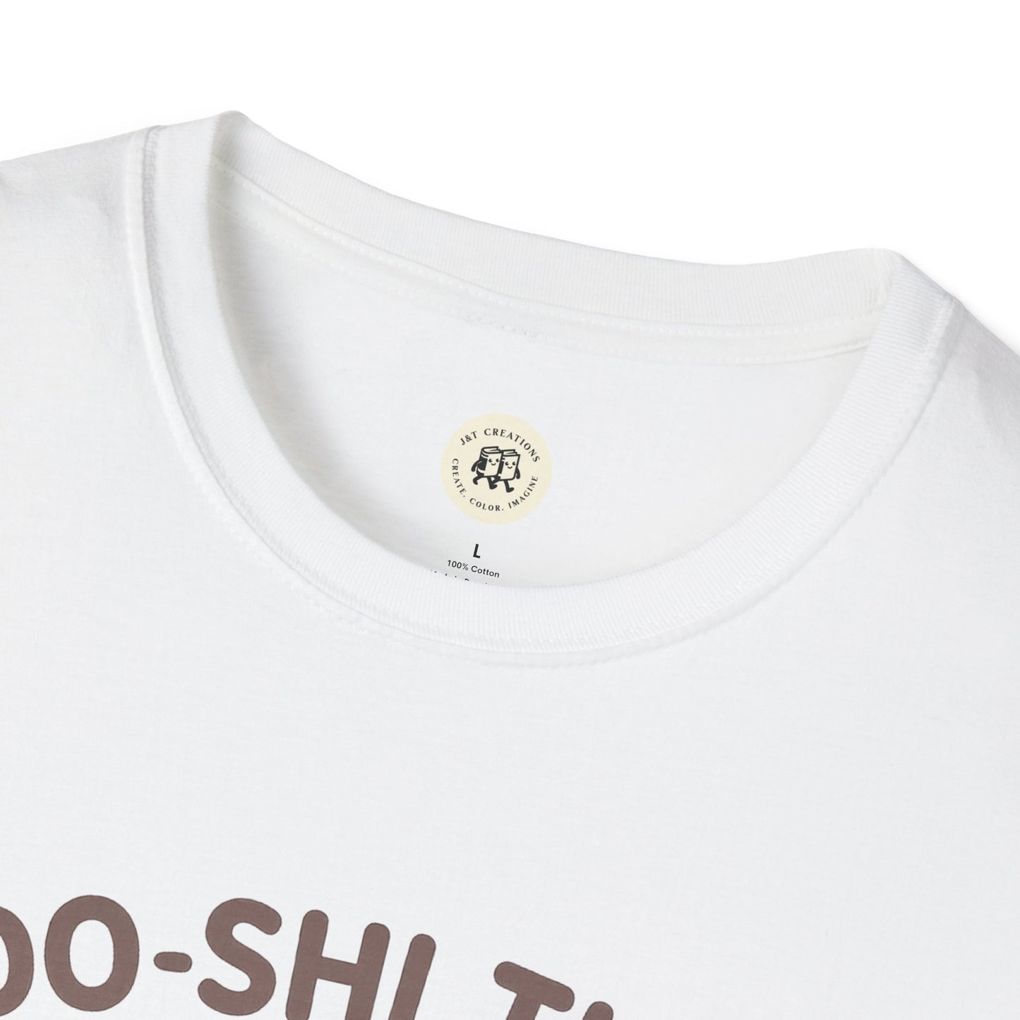White Printify kawaii sushi t-shirt close-up showing neckline and partial brown text design