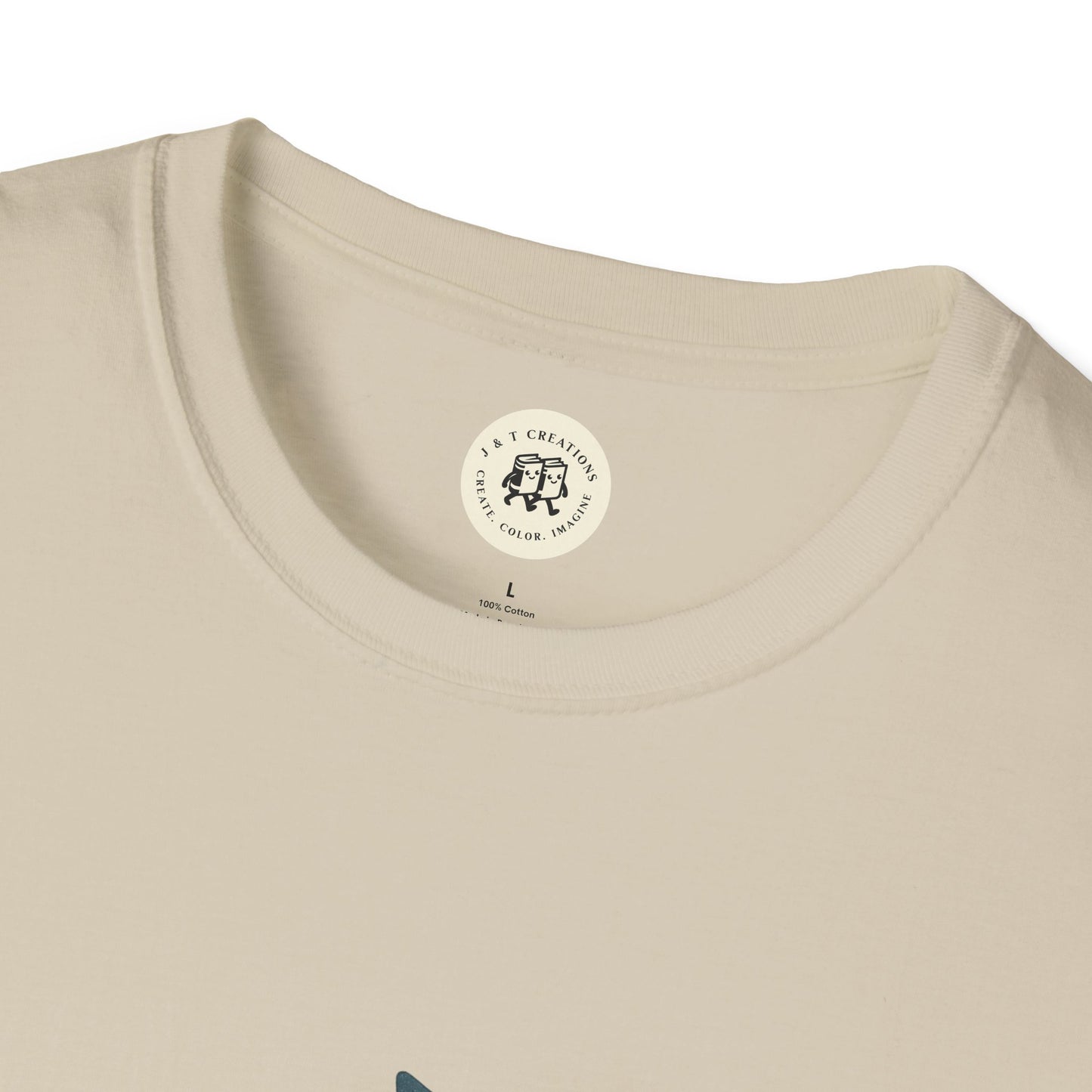 Close-up of Printify beige Keep on Rockin in the Free World shirt collar and tag